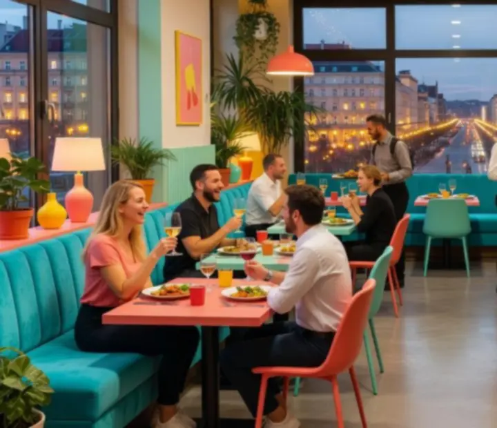 Vidám társaság egy színes, modern budapesti étterem hangulatos estjén