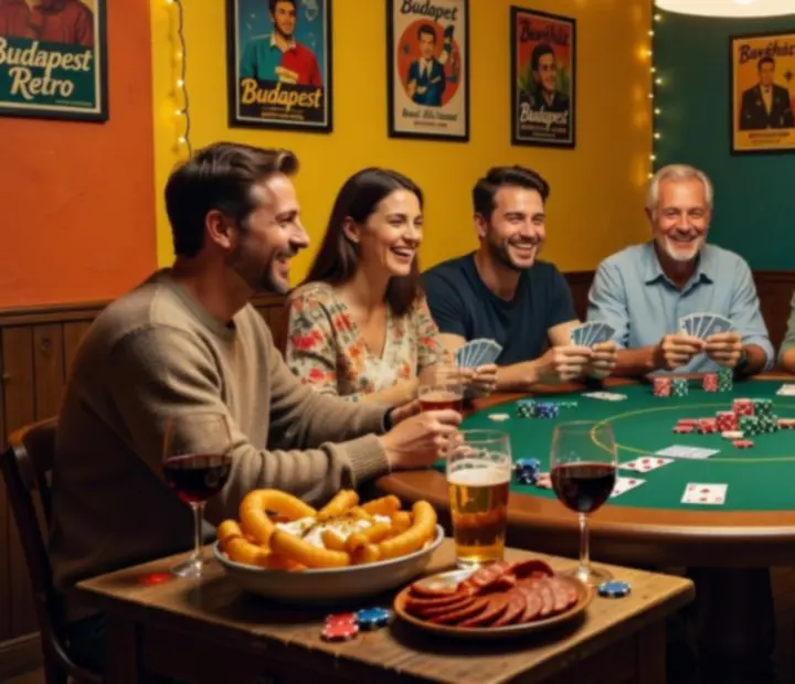 Barátságos offline pókeres társasági est mosolygó résztvevőkkel.