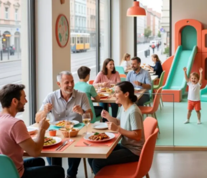 Mosolygó család színes, gyermekbarát éttermi környezetben, játszósarokkal a háttérben.